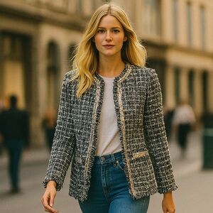 Boston Proper sequin tweed blazer jacket 8 Parisian Old Money black white silver